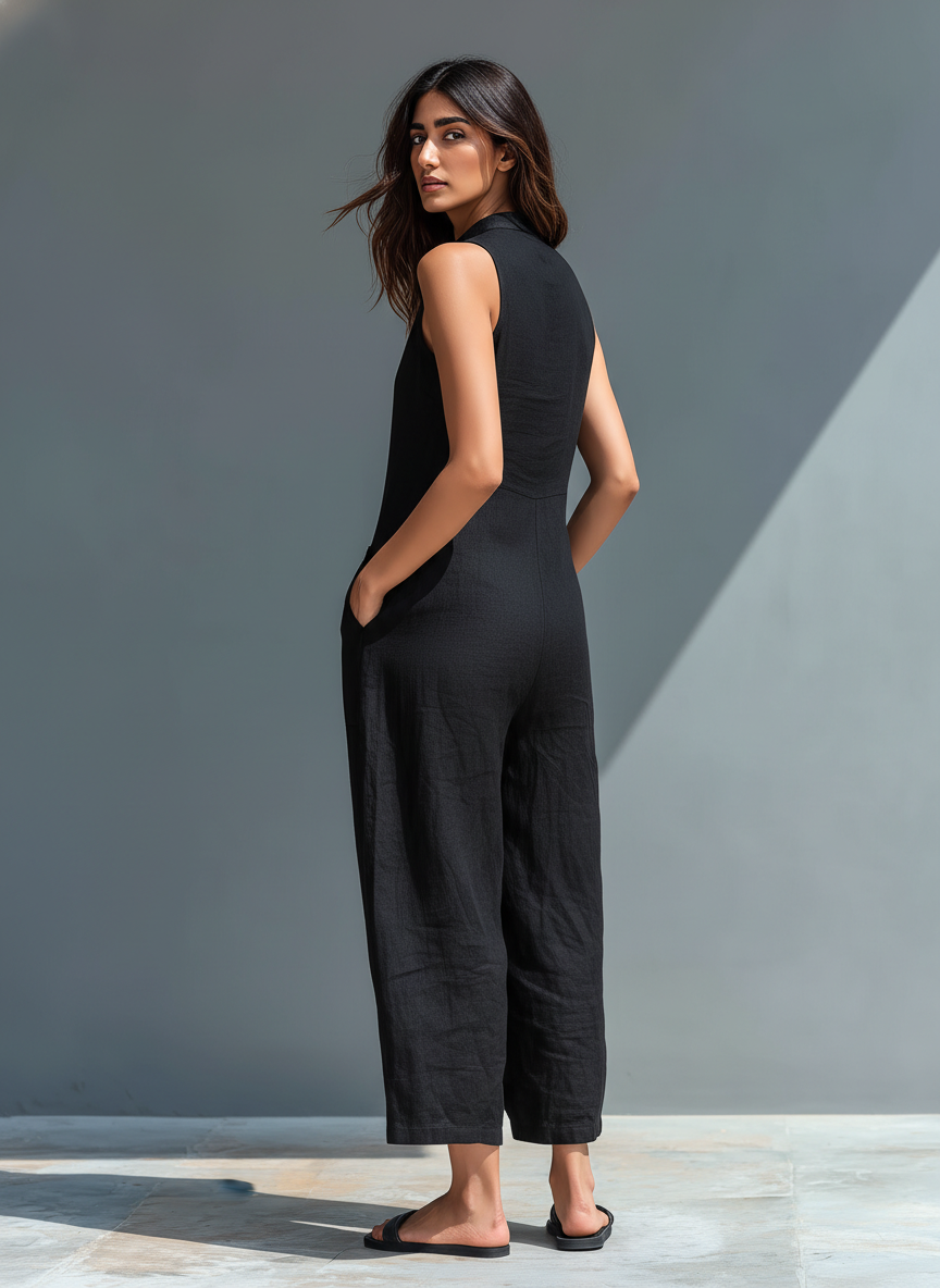 Women's Minimalist Linen Blend Button-up Stand-collar Sleeveless Loose Jumpsuit MDZ2725A5Y