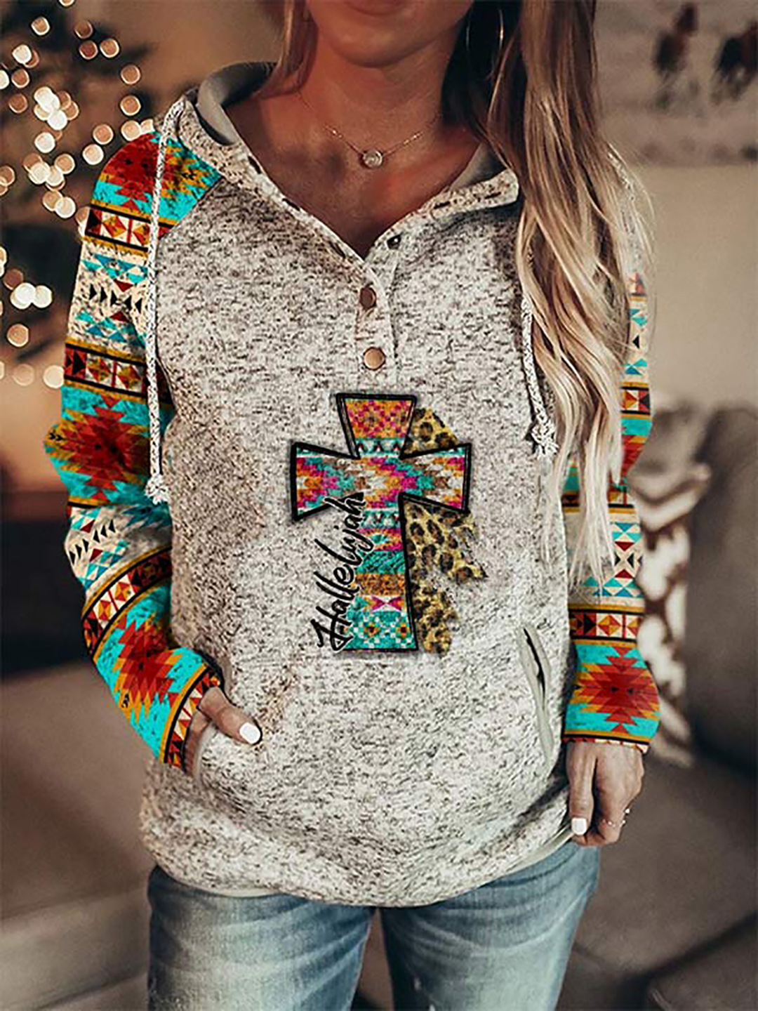Women Retro Printed Pullover Hoodie, Casual Retro Floral Print Hooded Sweatshirt