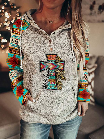 Women Retro Printed Pullover Hoodie, Casual Retro Floral Print Hooded Sweatshirt