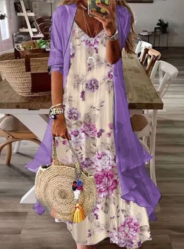V-neck Half Sleeve Embroidery Floral Two-Piece Jacket Maxi Dress