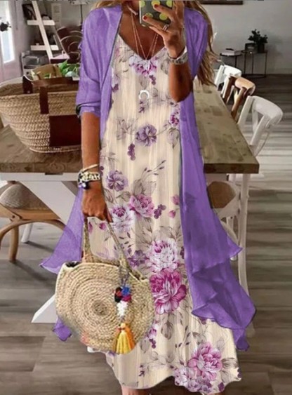 V-neck Half Sleeve Embroidery Floral Two-Piece Jacket Maxi Dress