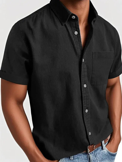 Men's Classic Vintage Washed Gentleman Casual Pocket Short Sleeve Shirt