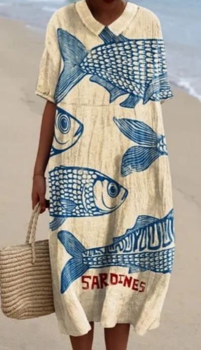 Women's Vintage Floral Art Print Pocket Linen Dress（Convertible Dress With Front And Back Option）