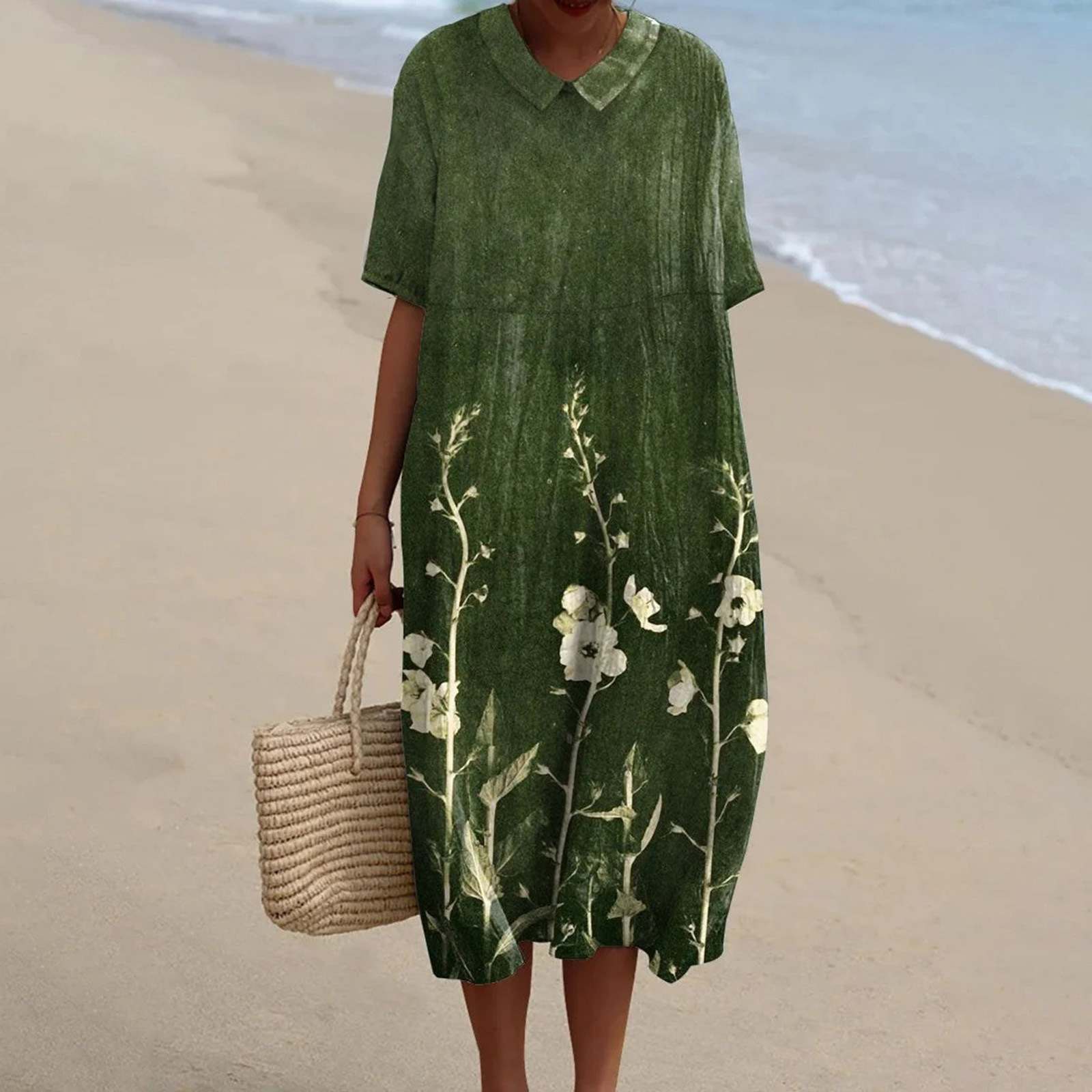 Women's Vintage Floral Art Print Pocket Linen Dress（Convertible Dress With Front And Back Option）