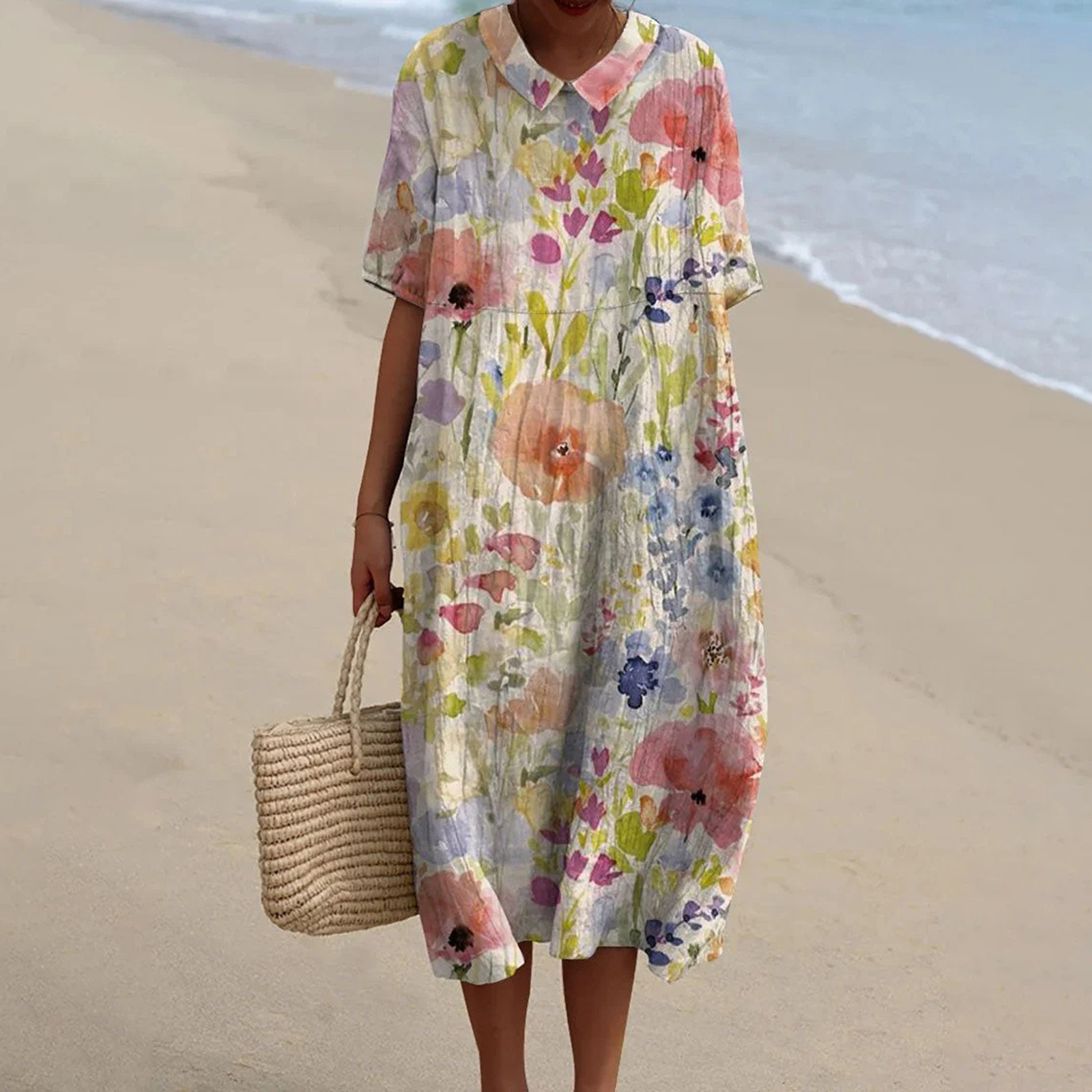 Women's Vintage Floral Art Print Pocket Linen Dress（Convertible Dress With Front And Back Option）