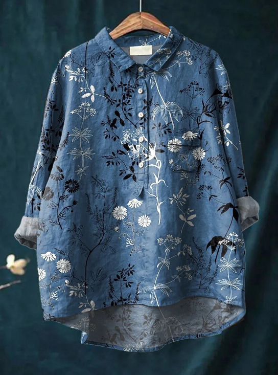 Women's Simple Colorful Flat Print Casual Cotton And Linen Shirt