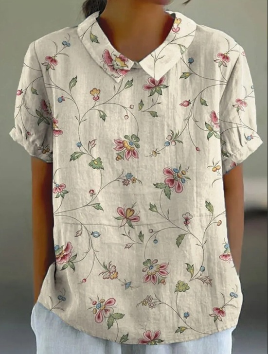 Women's Retro Floral Print Cotton Linen Casual Shirt