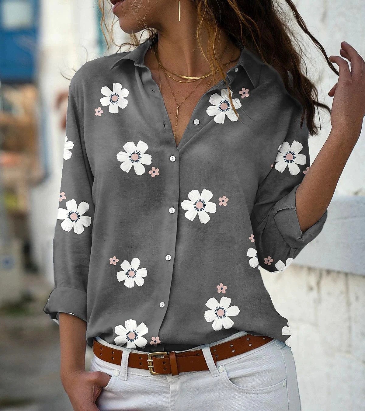 Ladies Loose Casual Long Sleeve Linen Shirt