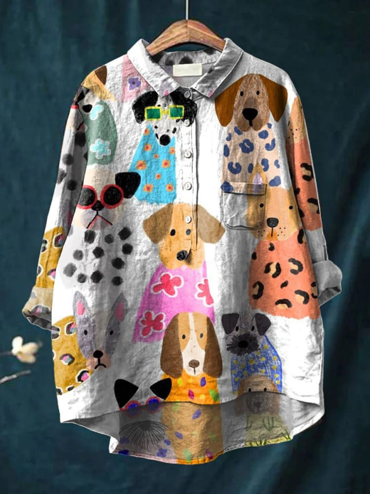 Women's Simple Colorful Flat Cat Print Casual Cotton And Linen Shirt