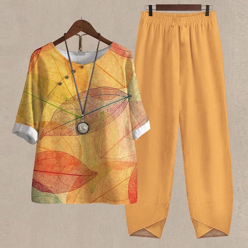 Women's Floral Leaf Two-Piece Set Light Blue Casual Summer Top with Pants