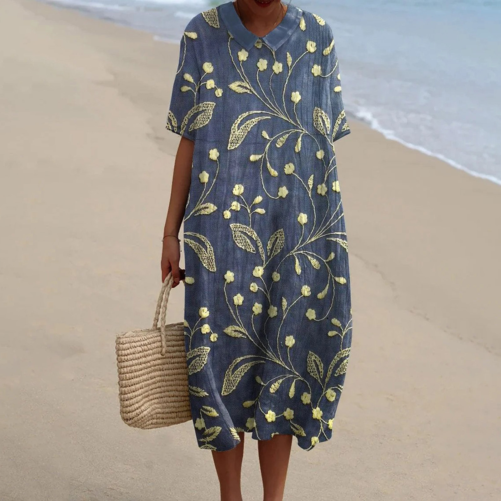 Women's Vintage Floral Art Print Pocket Linen Dress（Convertible Dress With Front And Back Option）