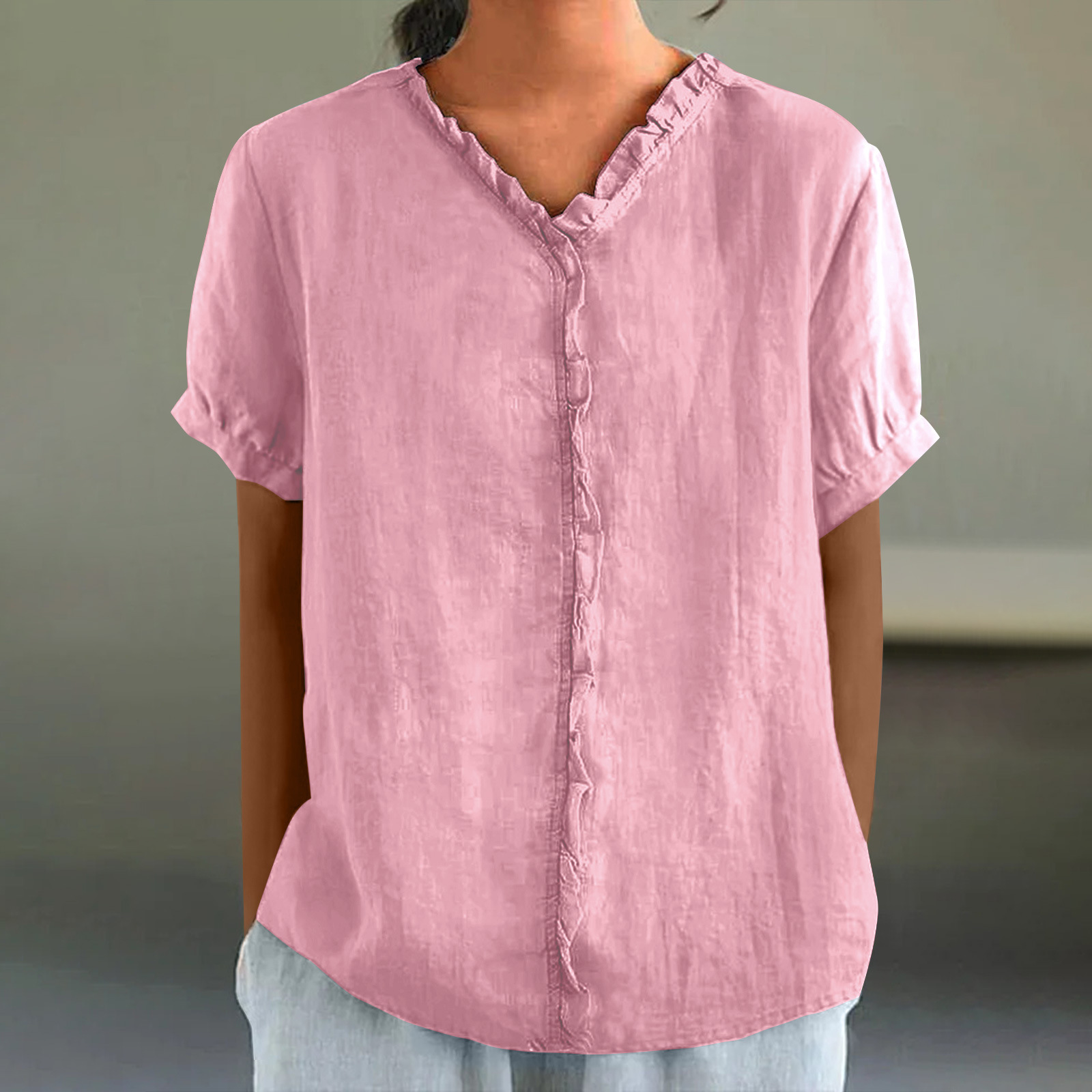 Women's Casual Cotton And Linen Ruffle Collar 3/4 Sleeve Shirt