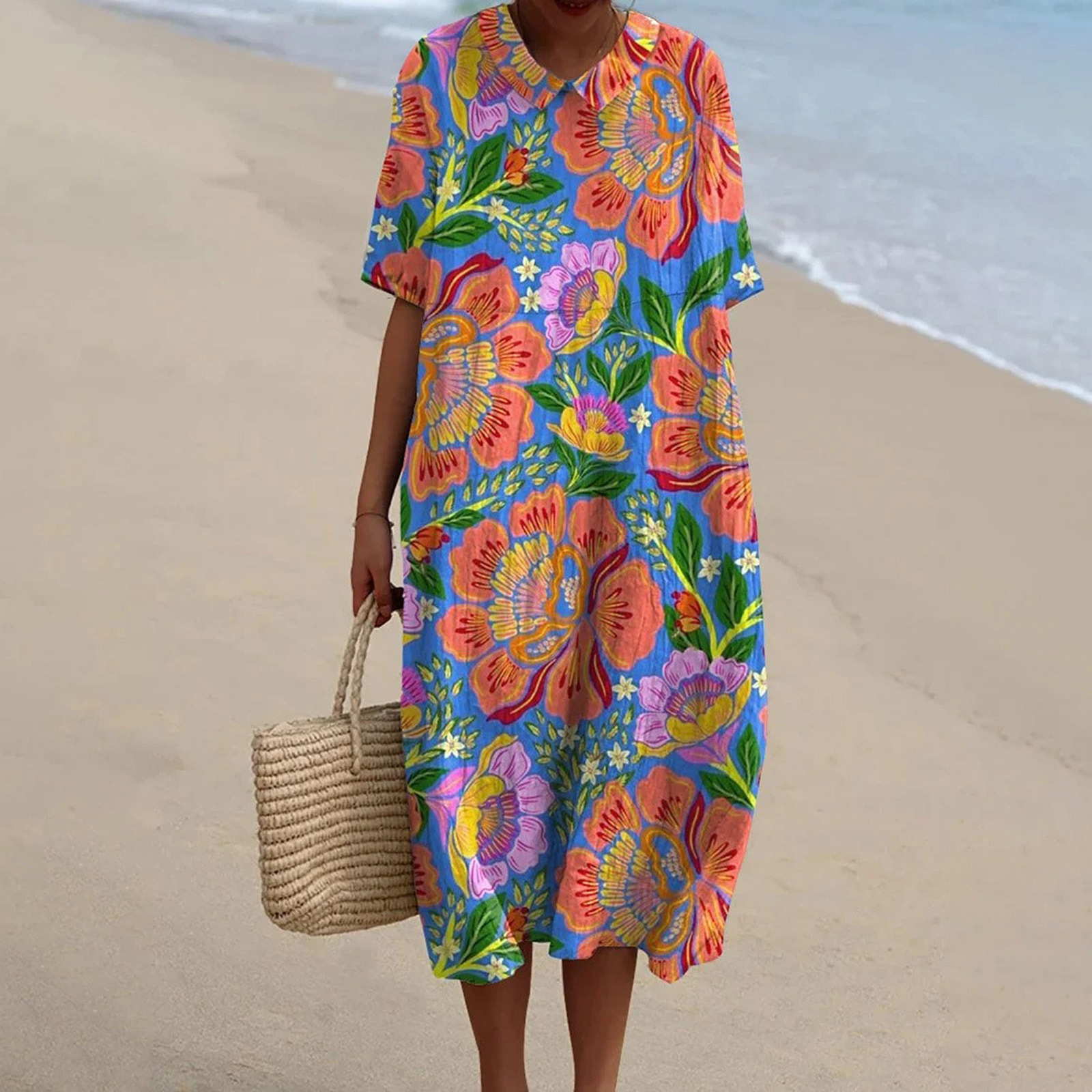 Women's Vintage Floral Art Print Pocket Linen Dress（Convertible Dress With Front And Back Option）