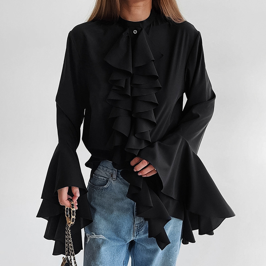 Chiffon White Ruffled Shirts For Women Flare Sleeve Oversize Laminated Flounces Elegant Blouses And Tops Spring 2024