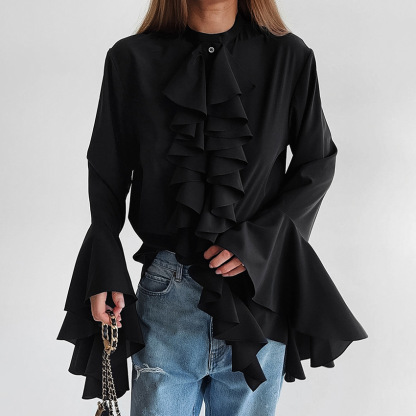 Chiffon White Ruffled Shirts For Women Flare Sleeve Oversize Laminated Flounces Elegant Blouses And Tops Spring 2024
