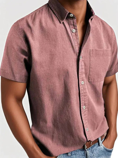 Men's Classic Vintage Washed Gentleman Casual Pocket Short Sleeve Shirt