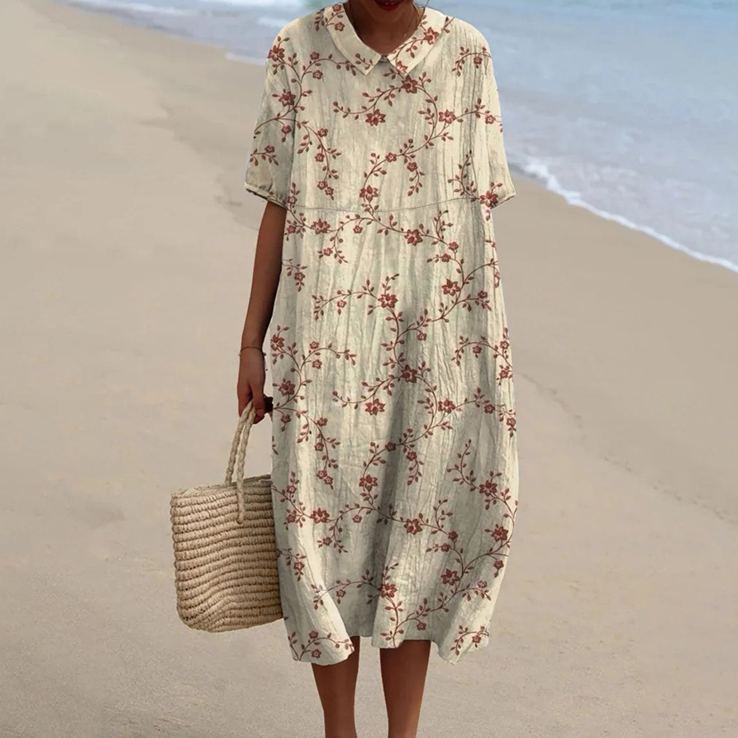 Women's Vintage Floral Art Print Pocket Linen Dress（Convertible Dress With Front And Back Option）