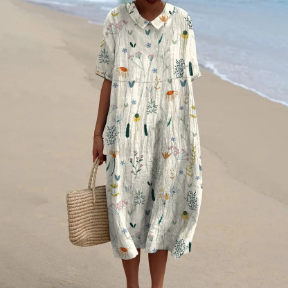 Women's Vintage Floral Art Print Pocket Linen Dress（Convertible Dress With Front And Back Option）