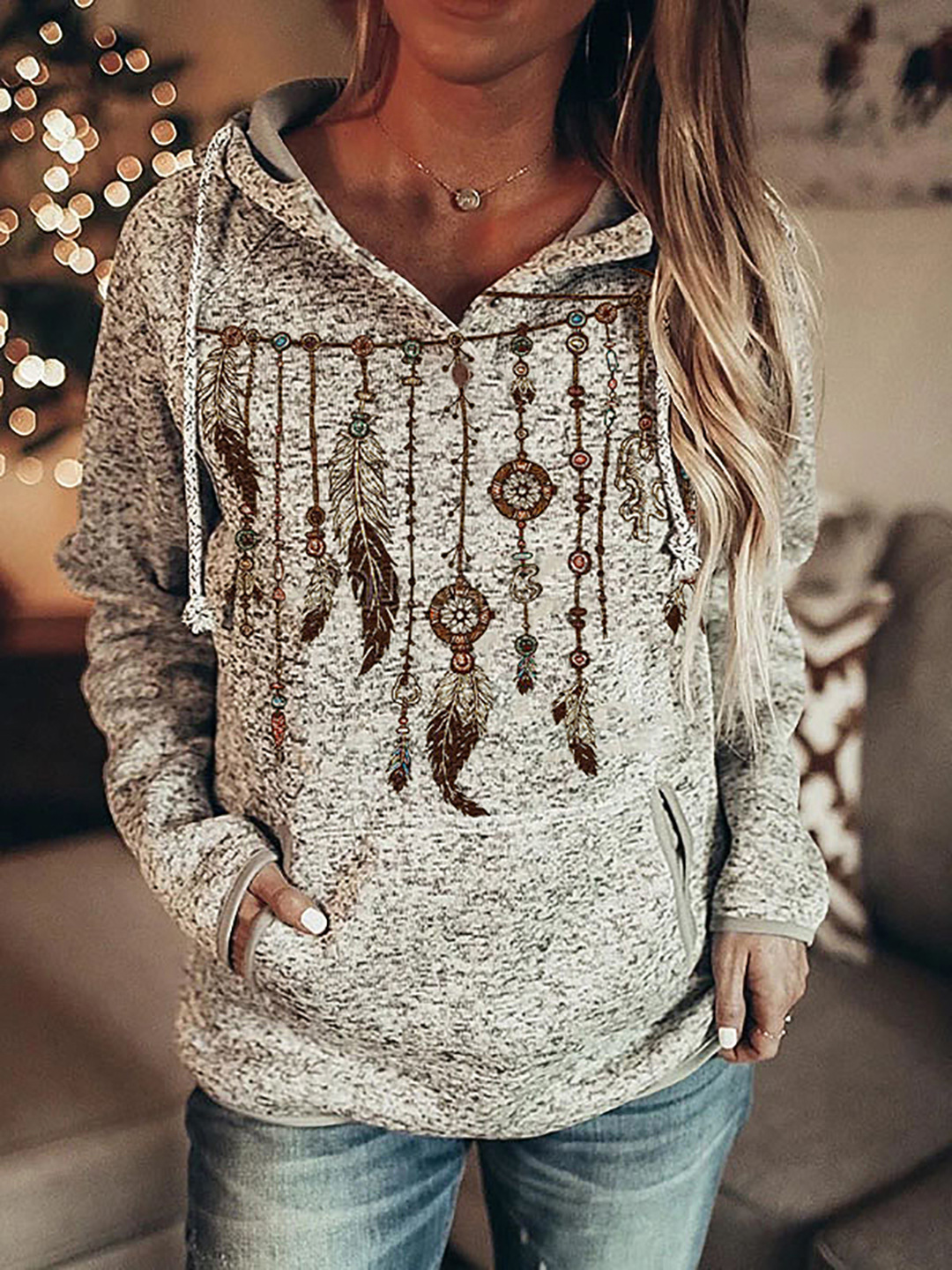 Women Retro Printed Pullover Hoodie, Casual Retro Floral Print Hooded Sweatshirt