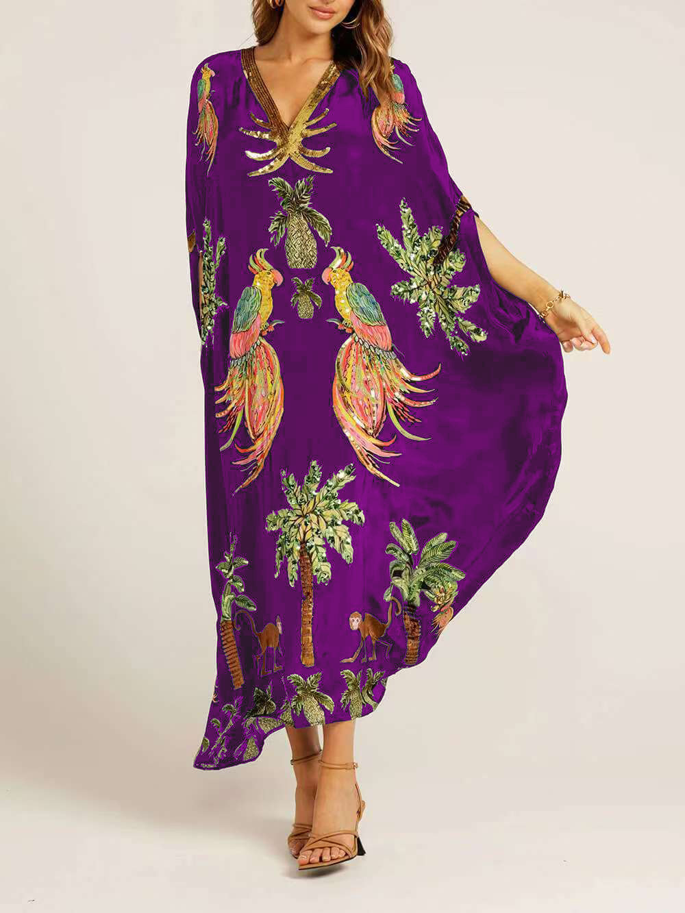 Unique Drop Shoulder Sleeve Coconut Tree Printed Dress