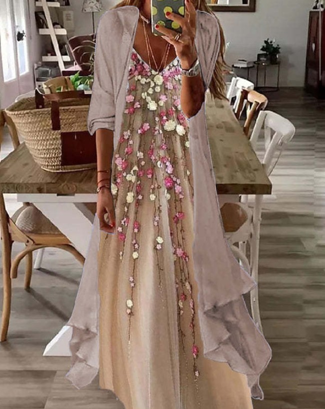 V-neck Half Sleeve Embroidery Floral Two-Piece Jacket Maxi Dress