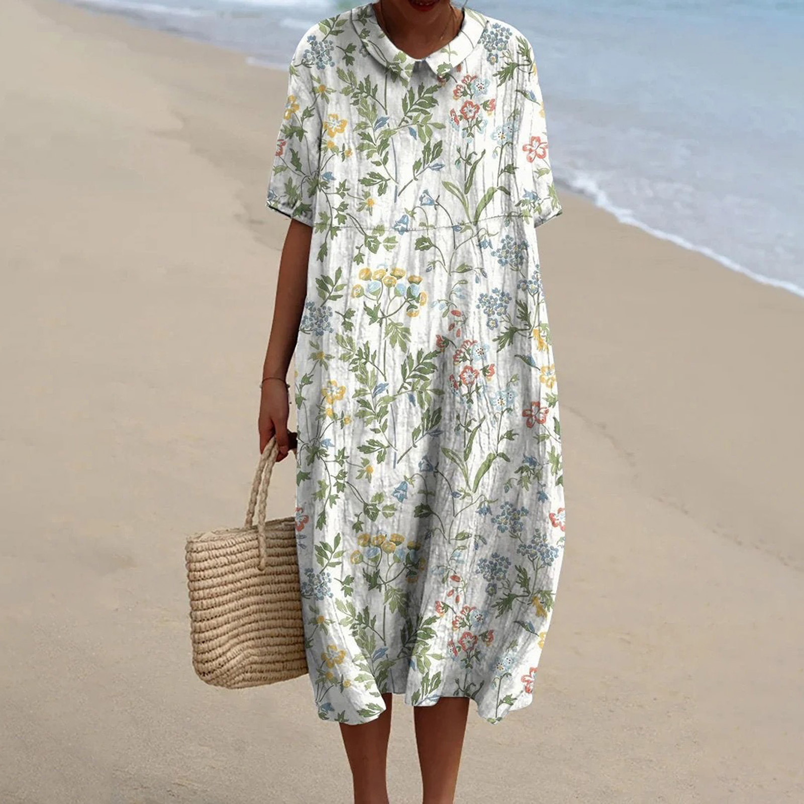 Women's Vintage Floral Art Print Pocket Linen Dress（Convertible Dress With Front And Back Option）