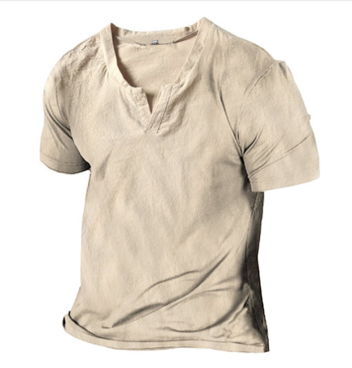 Men's Vintage Linen Henley Collar Short Sleeve T-Shirt