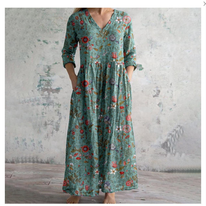 Women's Vintage Floral Print Casual Cotton Dress