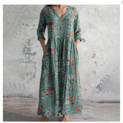 Women's Vintage Floral Print Casual Cotton Dress