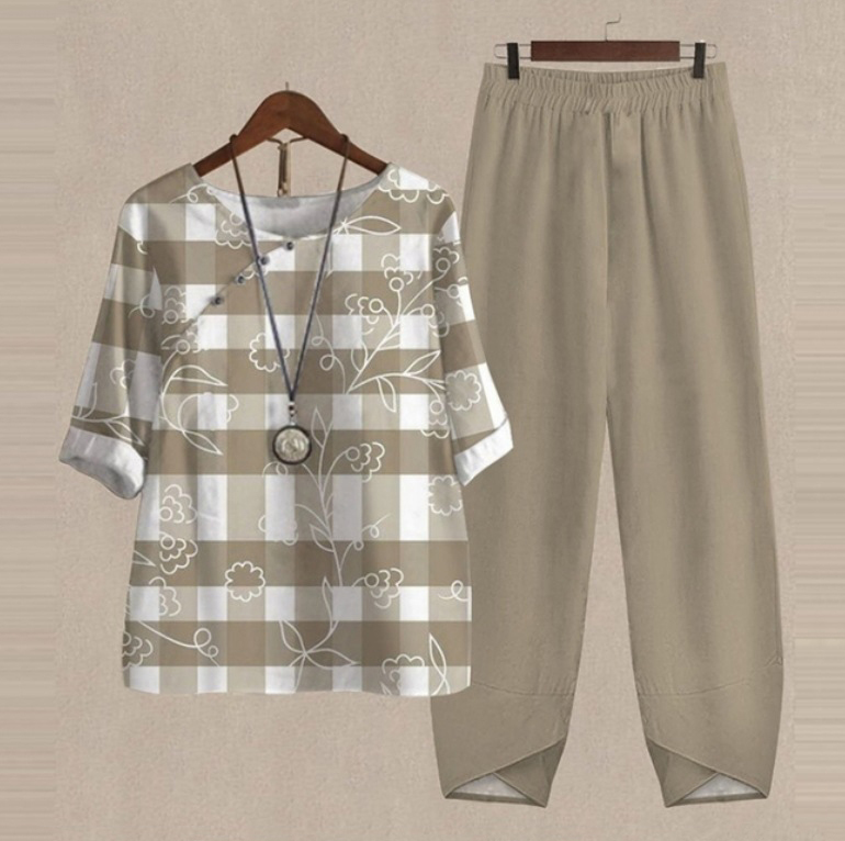 Women's Floral Leaf Two-Piece Set Light Blue Casual Summer Top with Pants