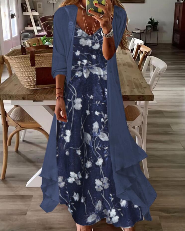 V-neck Half Sleeve Embroidery Floral Two-Piece Jacket Maxi Dress