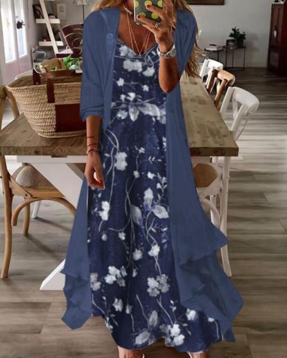 V-neck Half Sleeve Embroidery Floral Two-Piece Jacket Maxi Dress
