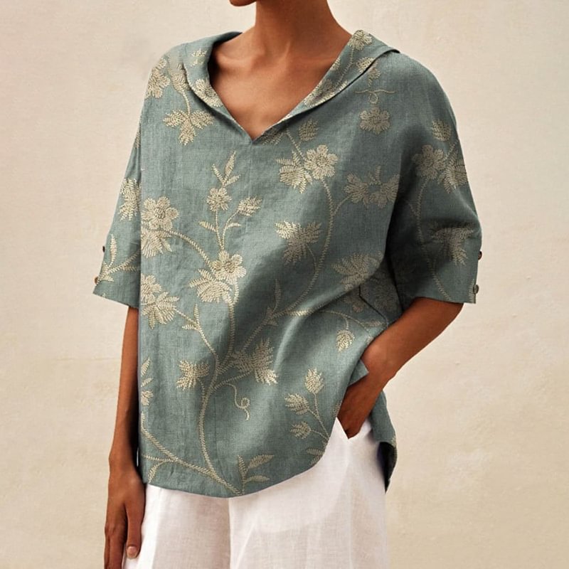 Women' Vintage Floral Art Print Casual V-neck Shirt