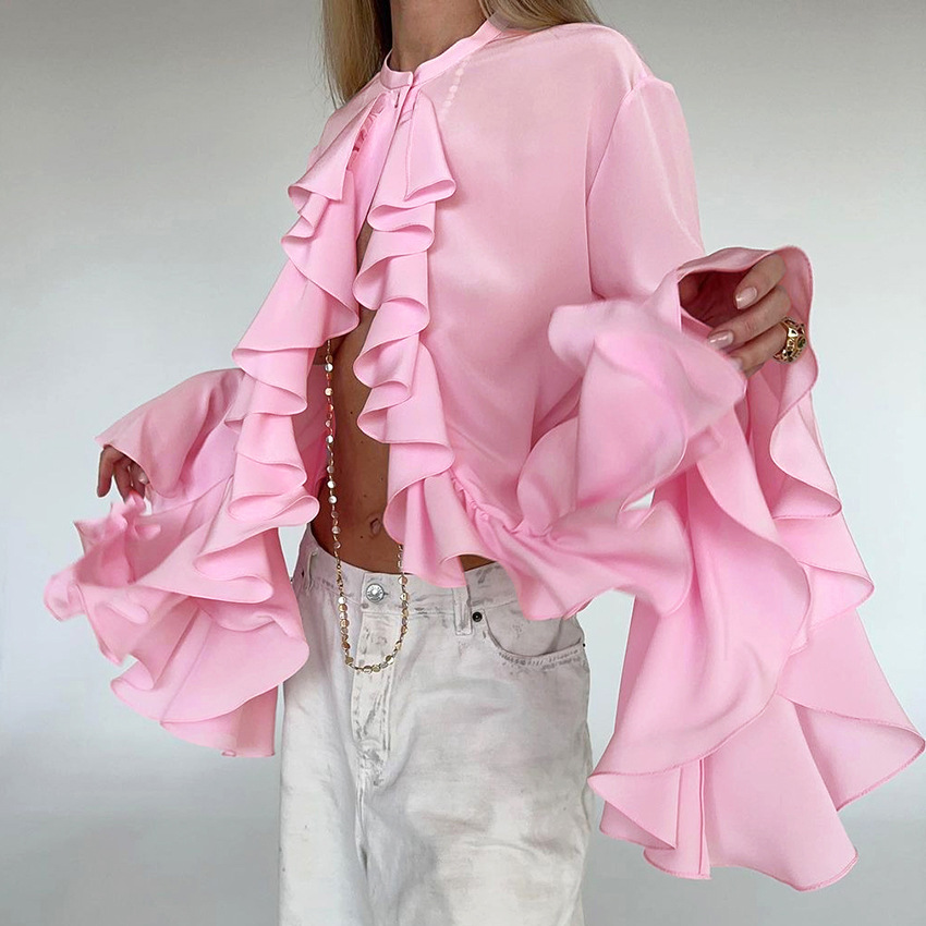 Chiffon White Ruffled Shirts For Women Flare Sleeve Oversize Laminated Flounces Elegant Blouses And Tops Spring 2024