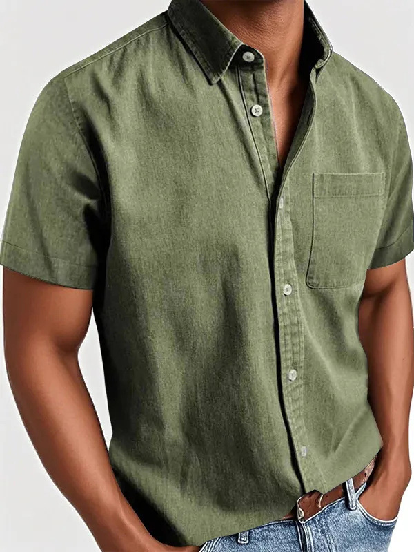 Men's Classic Vintage Washed Gentleman Casual Pocket Short Sleeve Shirt