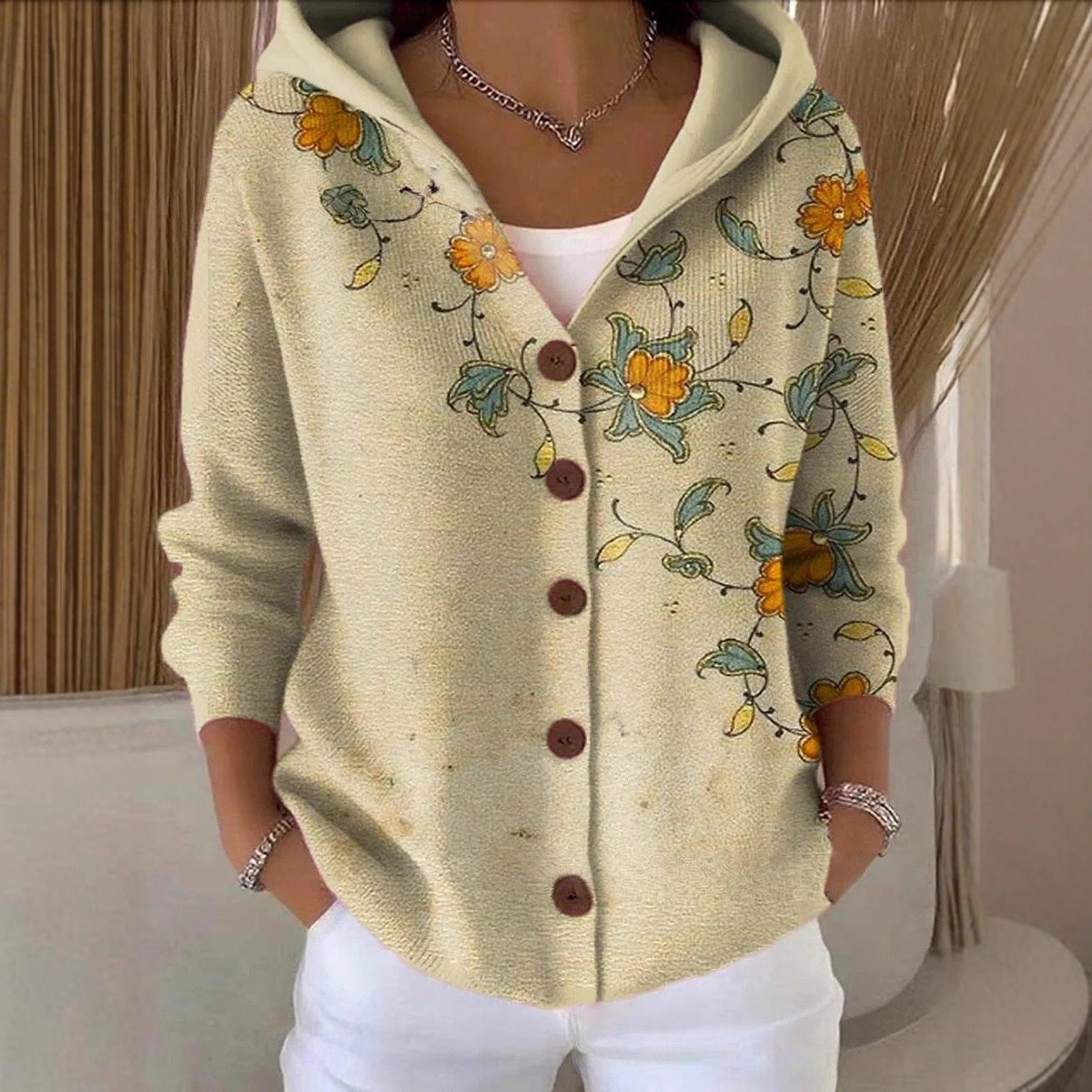 Women's Vintage Floral Pattern Art Printed Casual Hooded Button Sweater