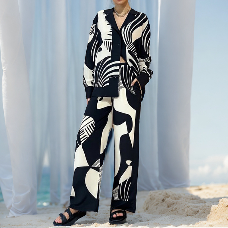 Beauty Unique Print Long Sleeve Shirt And Elastic Waist Pants Set