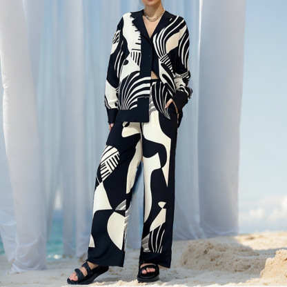 Beauty Unique Print Long Sleeve Shirt And Elastic Waist Pants Set