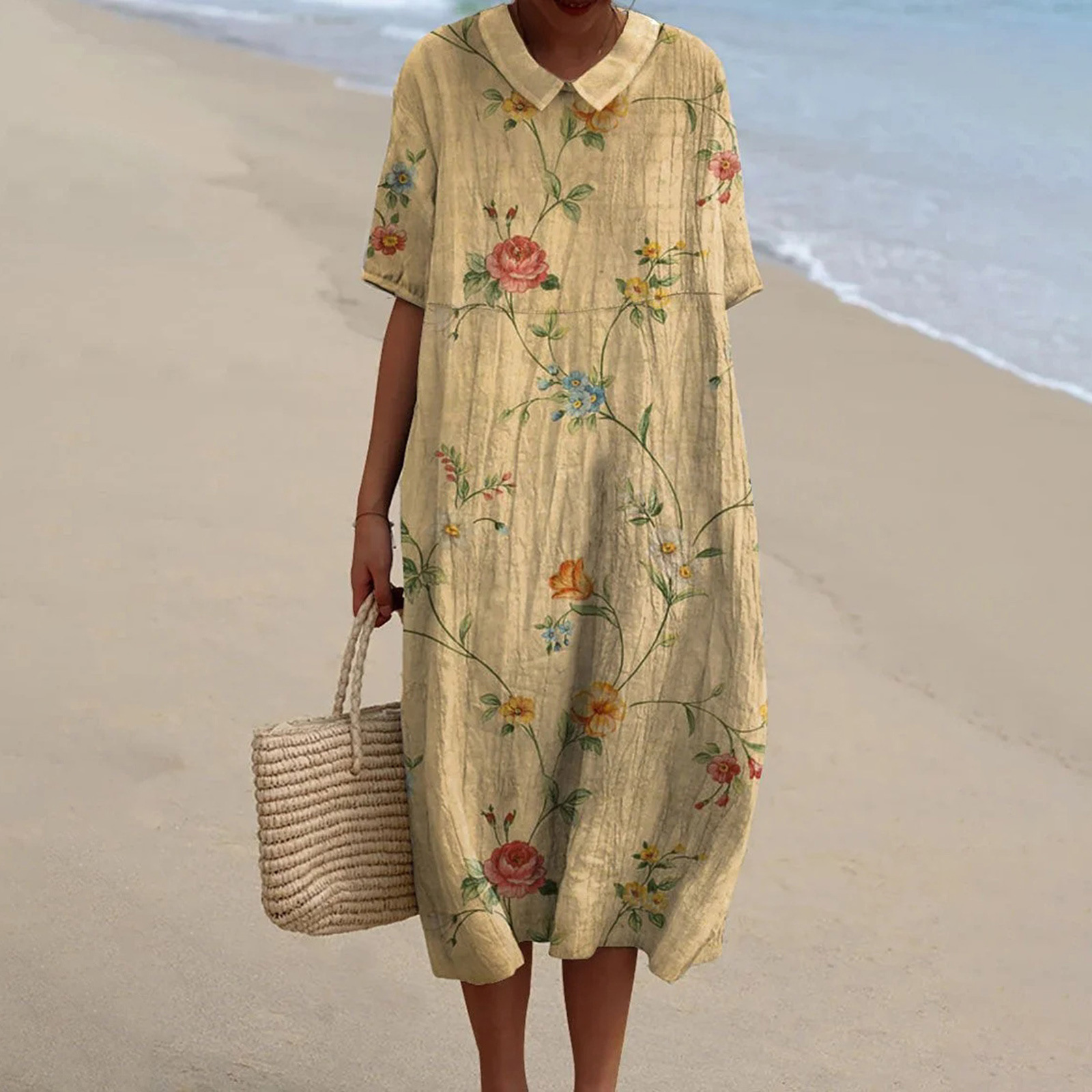 Women's Vintage Floral Art Print Pocket Linen Dress（Convertible Dress With Front And Back Option）