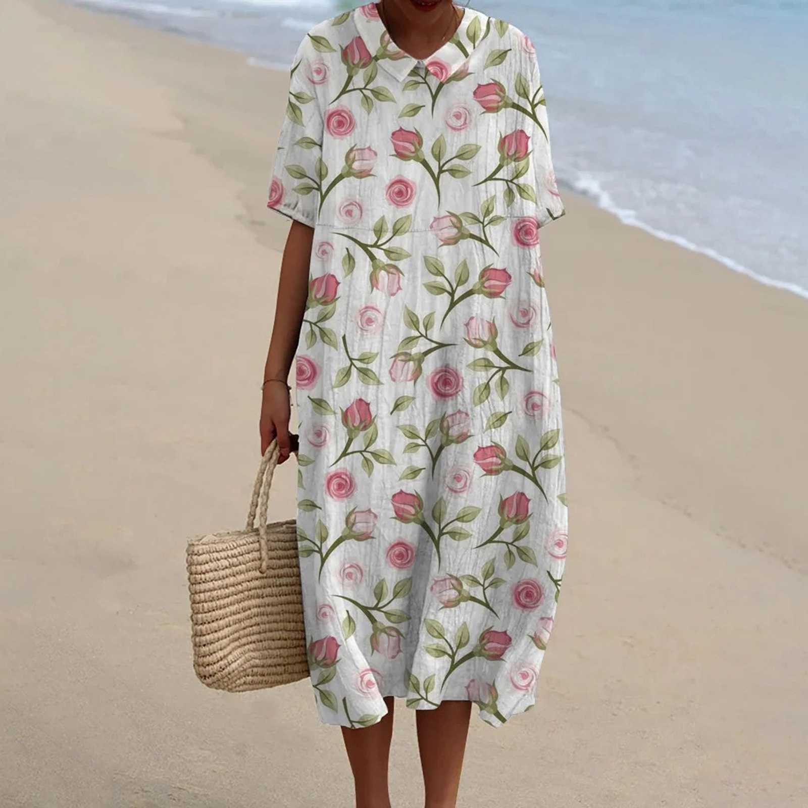 Women's Vintage Floral Art Print Pocket Linen Dress（Convertible Dress With Front And Back Option）