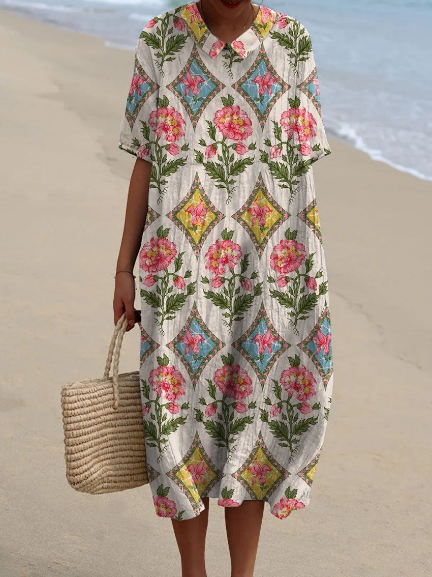 Women's Vintage Floral Art Print Pocket Linen Dress（Convertible Dress 