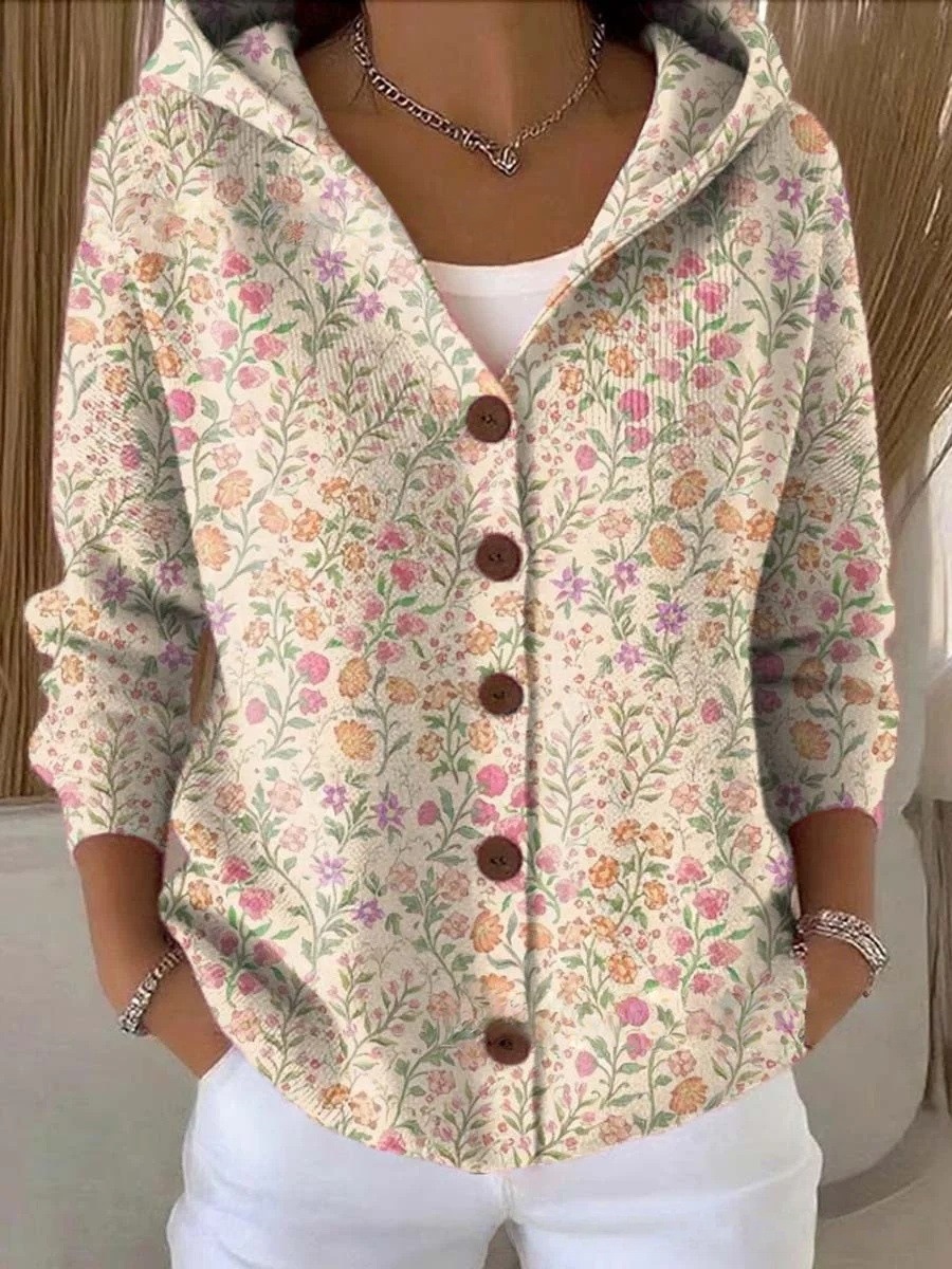 Women's Vintage Floral Pattern Art Printed Casual Hooded Button Sweater