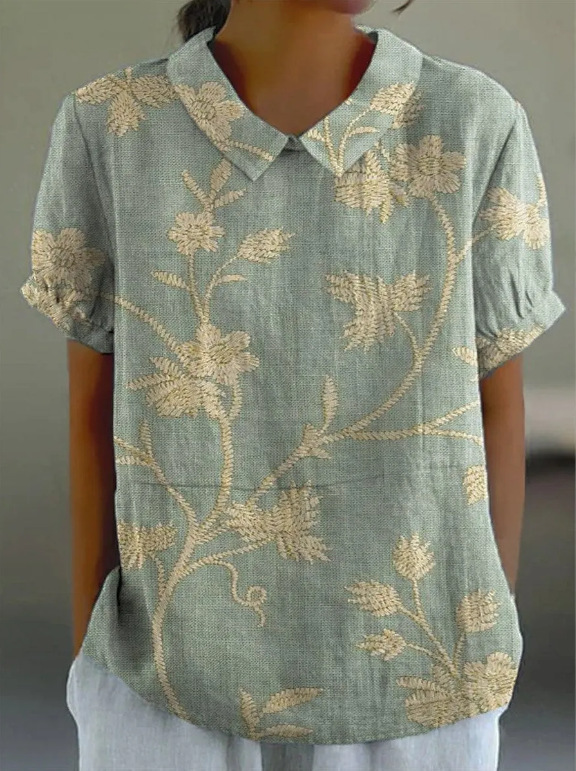 Women's Retro Floral Print Cotton Linen Casual Shirt