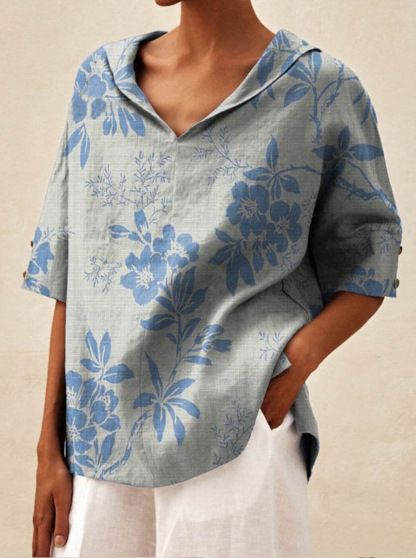 Women' Vintage Floral Art Print Casual V-neck Shirt