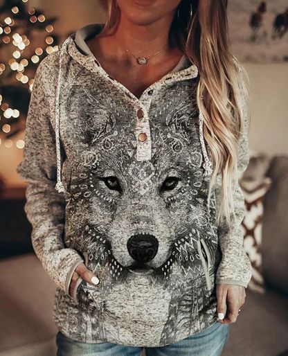 Women Retro Printed Pullover Hoodie, Casual Retro Floral Print Hooded Sweatshirt