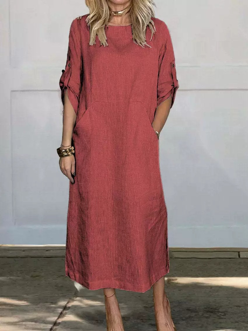 Women's Cotton Linen Double Side Pocket Long Dress