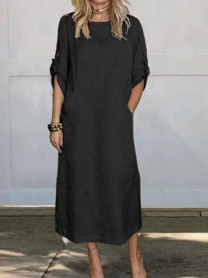 Women's Cotton Linen Double Side Pocket Long Dress