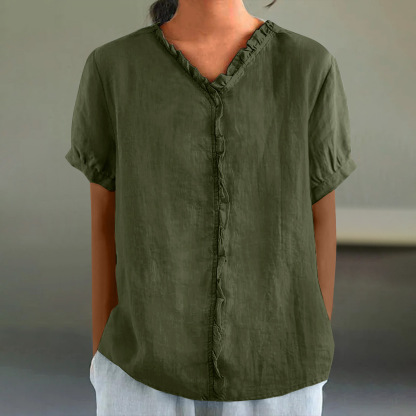 Women's Casual Cotton And Linen Ruffle Collar 3/4 Sleeve Shirt