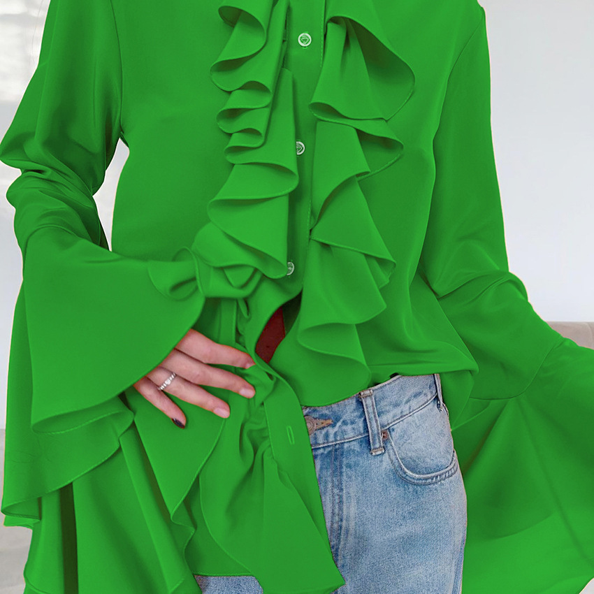 Chiffon White Ruffled Shirts For Women Flare Sleeve Oversize Laminated Flounces Elegant Blouses And Tops Spring 2024