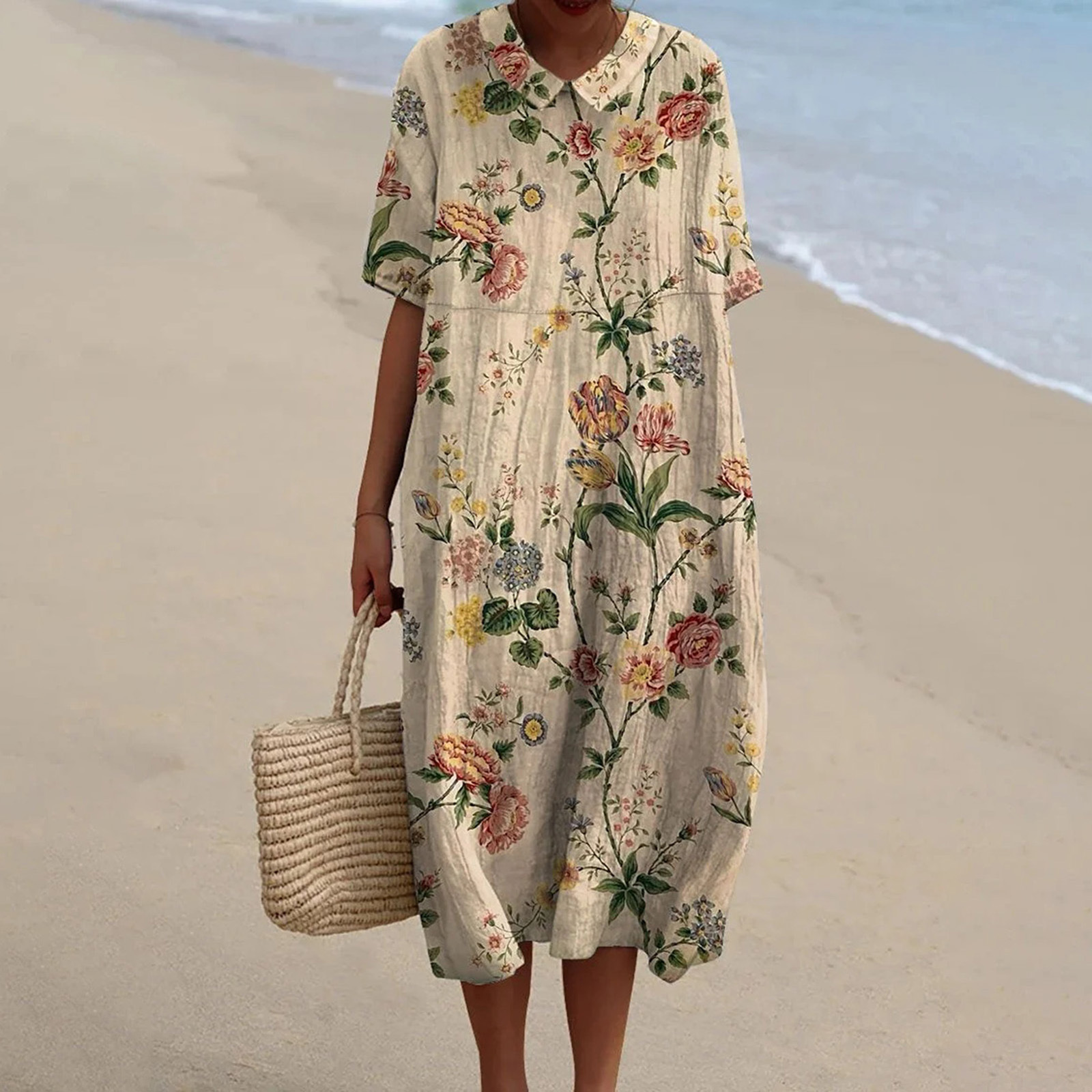 Women's Vintage Floral Art Print Pocket Linen Dress（Convertible Dress With Front And Back Option）